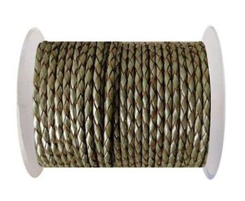 ROUND BRAIDED LEATHER CORD 4MM SE/M/10-METALLIC OLIVE GREEN