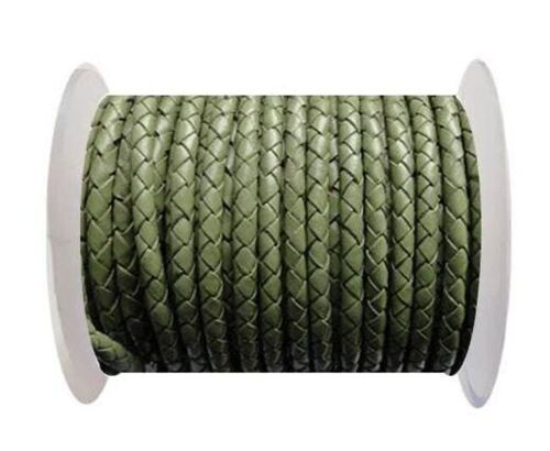 ROUND BRAIDED LEATHER CORD 5MM -ASPARAGUS-NATURAL EDGES