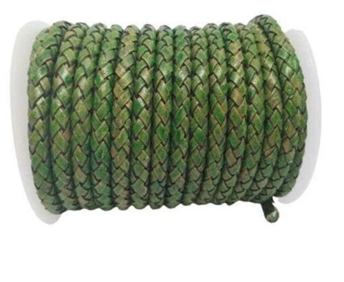 ROUND BRAIDED LEATHER CORD 6MM SE/PB/01-VINTAGE MOSS GREEN