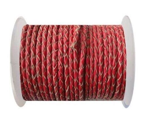 ROUND BRAIDED LEATHER CORD 8MM SE/B/06-RED-NATURAL EDGES