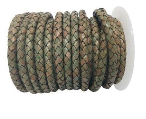 ROUND BRAIDED LEATHER CORD6MM SE/PB/18-VINTAGE GREEN