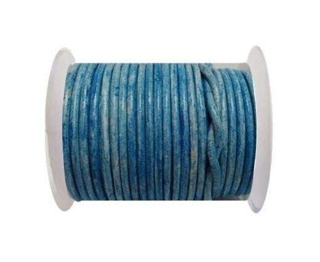 Rundes Lederband – 3 mm – Vintage-Hellblau mit weißem Bas