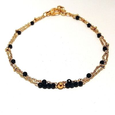 Bracelet double rows golden stainless steel and black Spinel