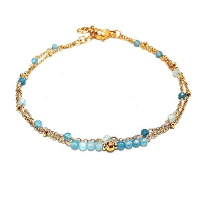 Bracelet Double Rang en Acier Inoxydable Doré avec Perles en Calcédoine