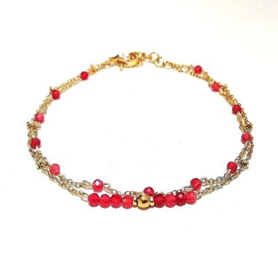 Double Row Bracelet in Gold Stainless Steel with Ruby Beads