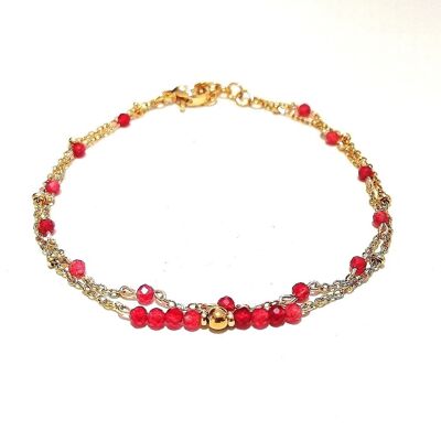 Double Row Bracelet in Gold Stainless Steel with Ruby Beads