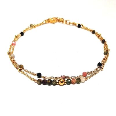 Double Row Bracelet in Golden Stainless Steel with Tourmaline Beads