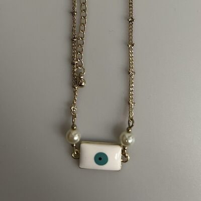 Evil Eye Anklet, White Rectangle with Pearls (JIT)