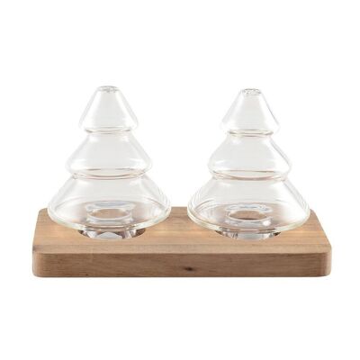 SALT AND PEPPER SHAKERS GLASS TREE WITH WOODEN TRAY