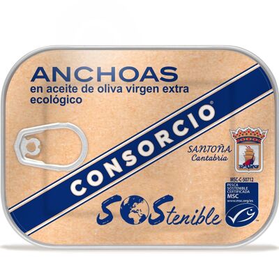 MSC anchovy fillets in organic extra virgin olive oil in a 74g tin