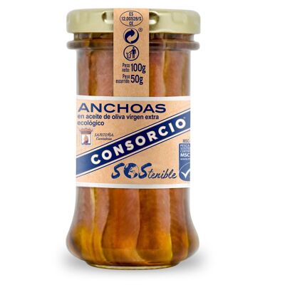MSC anchovy fillets in organic extra virgin olive oil in a 100g jar