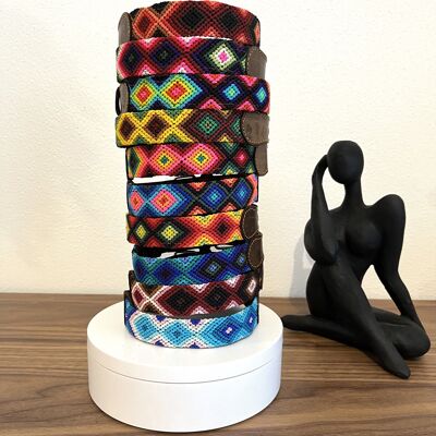 S (27-31 cm) Leather dog collar, colorfully knitted, boho style