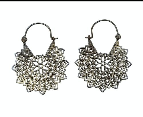 Beautiful Indian Tribal Floral Hoop Dangle Brass Earrings