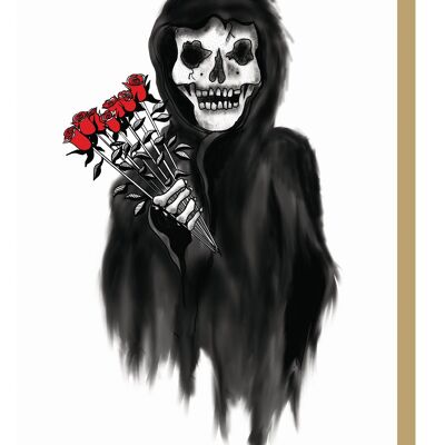 Tarjeta de San Valentín gótica Reaper con rosas