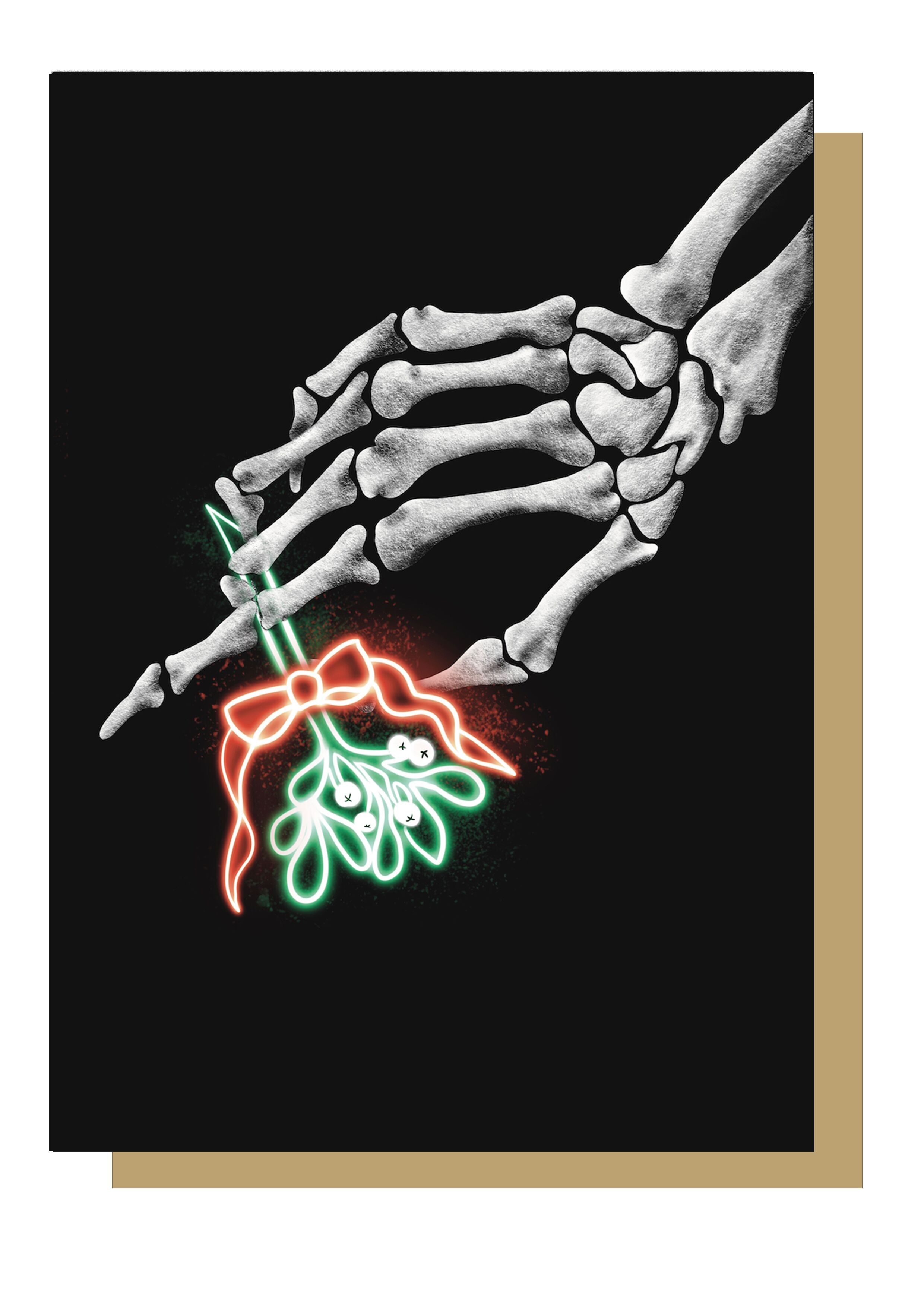 Scheletro con cartolina di Natale gotica al vischio al neon