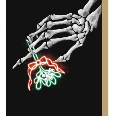 Skelett mit neonfarbener Mistelzweig-Gothic-Weihnachtskarte