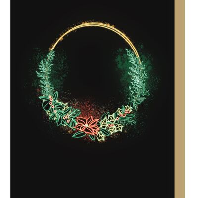 Carte de Noël au néon avec couronne traditionnelle