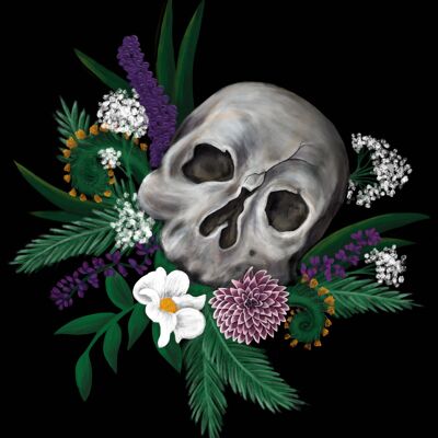 Totenkopf und kalifornischer Wildblumen-Gothic-Kunstdruck