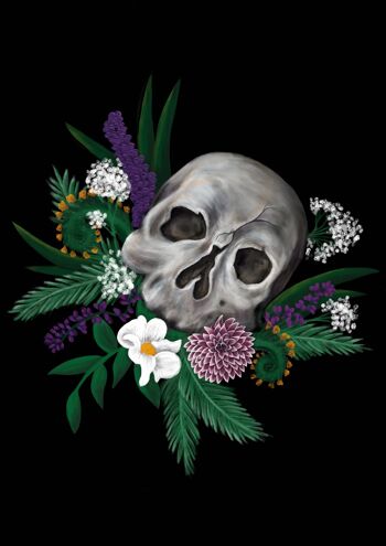 Crâne et fleurs sauvages de Californie Impression artistique gothique 1