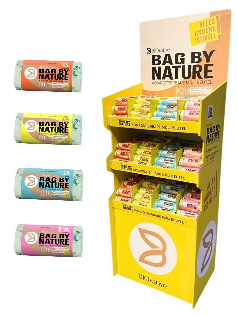 POS Display BIOvative „Bestseller“ - kompostierbare Bio-Müllbeutel und -säcke: 48x 10L mit Henkel, 72x 20L mit Henkel, 66x 30L mit Henkel, 48x 120L ohne Henkel