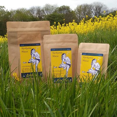 Curcuma-Maca - boisson épicée en poudre avec curcuma, maca et sucre de fleur de coco pour un lait doré, bio et végétalien