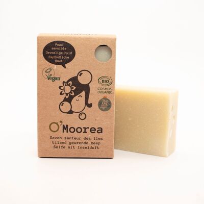 Jabón sólido certificado orgánico O'Moorea, cáñamo exótico y arcilla blanca.