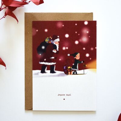 Weihnachtskarte: Weihnachtsmann und Elf