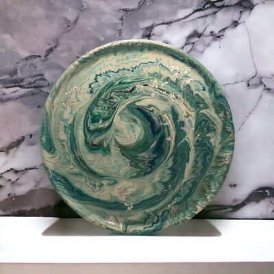 Handgefertigtes großes rundes Tablett aus Jesmonit – grüner und blauer Marmor und Blattsilber