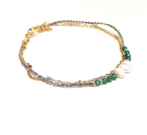 Bracelet Double Rang en Acier Inoxydable Doré avec Perles en Jade et Perles d'Eau Douce