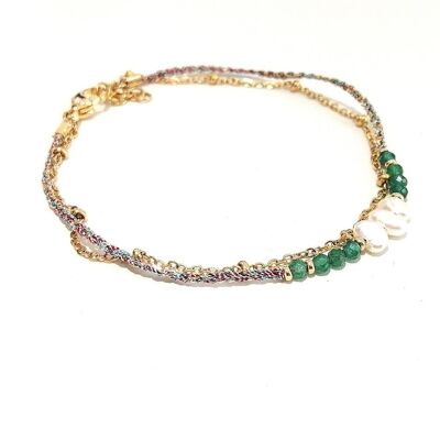 Double Row Bracelet in Golden Stainless Steel with Jade Beads and Freshwater Pearls