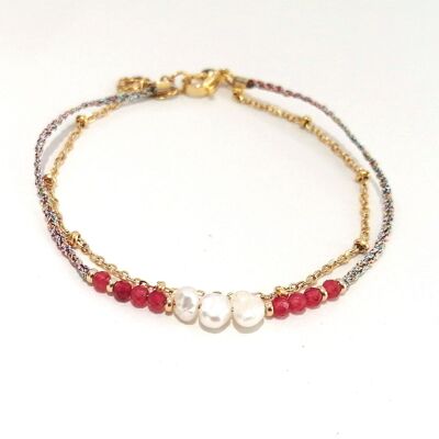 Double Row Bracelet in Golden Stainless Steel with Ruby Beads and Freshwater Pearls
