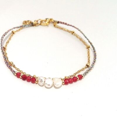 Bracelet Double Rang en Acier Inoxydable Doré avec Perles en Rubis et Perles d'Eau Douce