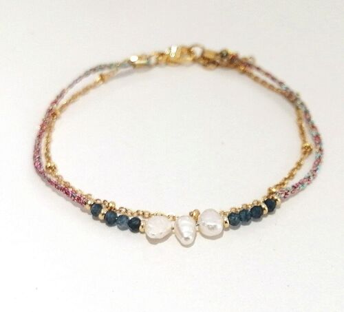 Bracelet double rang en acier inoxydable doré avec perles en Saphir véritable et perles d'eau douce