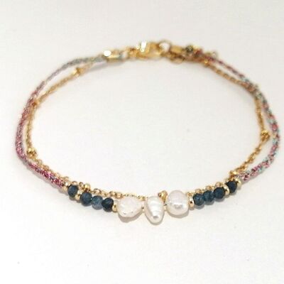 Double row bracelet in gold stainless steel with real Sapphire beads and freshwater pearls