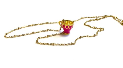 Necklace stainless steel gold teacup fuchsia