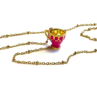 Necklace stainless steel gold teacup fuchsia