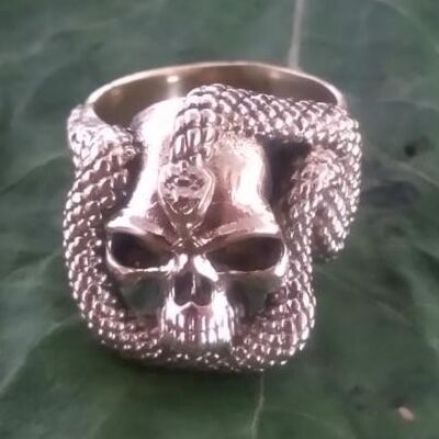 Totenkopf mit Kobra-Schlange, Messing-Unisex-Biker-Fingerring