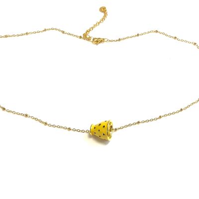 Collier acier inoxydable doré tasse à thé jaune