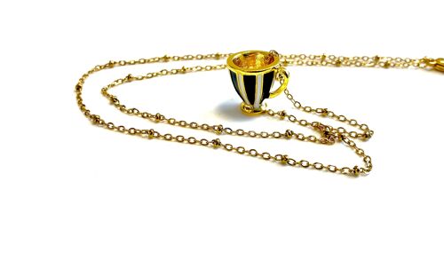 Necklace stainless steel gold teacup stripe black and white