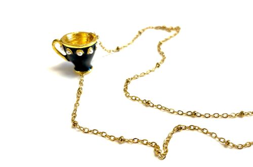 Necklace stainless steel gold teacup black pearls