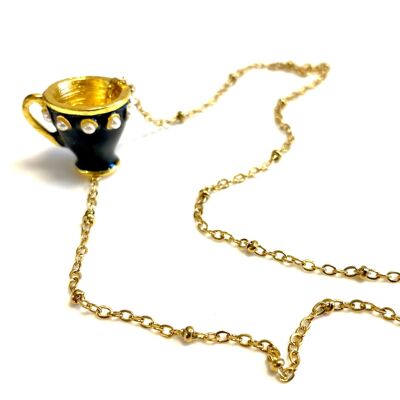 Halskette aus Edelstahl, goldene Teetasse, schwarze Perlen