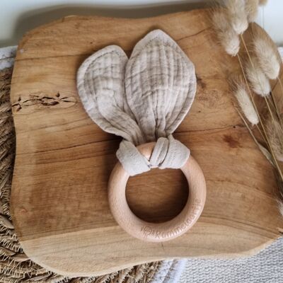 Wooden teething ring with soft rabbit ears 15cm - Sand