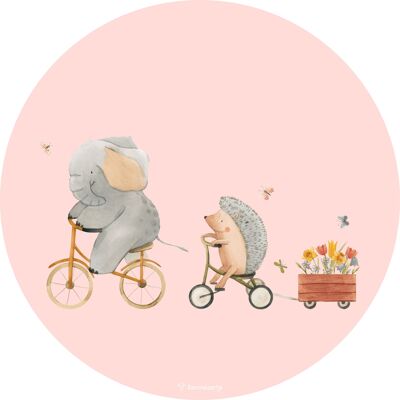 Sticker mural ⌀30cm - Éléphant et hérisson à vélo