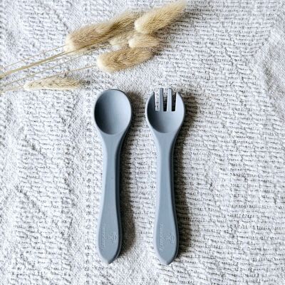 Cucchiaio e forchetta in silicone - Grigio Blu