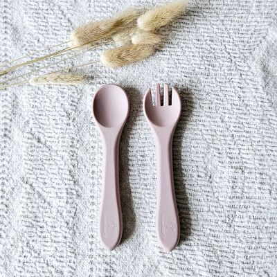 Cucchiaio e forchetta in silicone - Rosa tenue