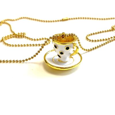 Necklace stainless steel gold teacup and saucer white dots