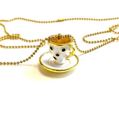 Necklace stainless steel gold teacup and saucer white dots