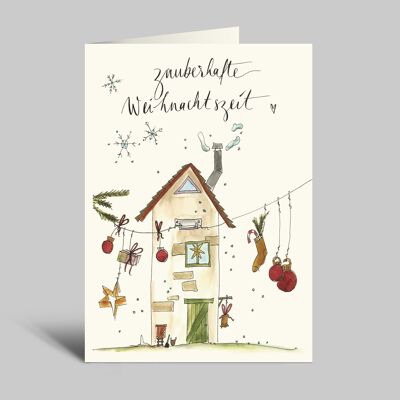 Carte de Noël | Un Noël magique | maison confortable | Carte pliante A6 | carte de l'avent