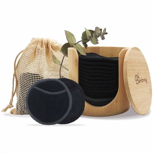 16x Black Reusable Cotton Pads 4-Layers + Bamboo Holder