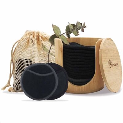 16x tampons de coton réutilisables noirs 4 couches + support en bambou
